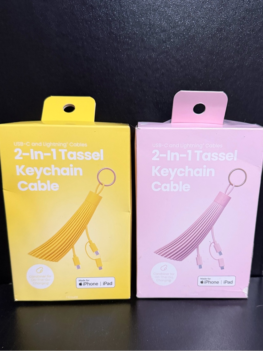 NIB GEMS 2-in-1 Tassel Keychain Cable Bundle Set Pink & Yellow MFi Charger